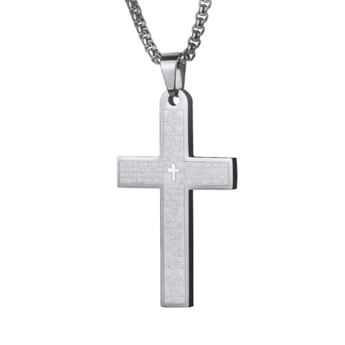 Pendant Cross for Car Rear View Mirror Necklace for Men Charm Car Mirror Hanging Accessories Ornament Stainless Steel Lord's Prayer Cross Necklace With Bible Verse - color: Silver