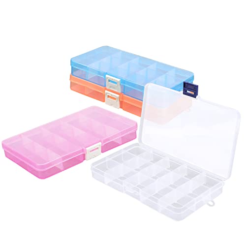 Small Compartment Organizer Case, 4PCS 15-Grid Adjustable Plastic Box with Dividers, Acrylic Fake Nail Charms Bead Rhinestone Jewelry Holder, Craft Screw Hardware Parts Empty Storage Container - color: 4PCS-Blue Buckle & Pink & Orange & Blue, size: Small-