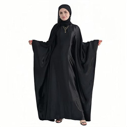 Abaya Muslim Women Dress Satin Batwing Sleeve Kaftan Maxi Arabian Dubai Islamic Ramadan Prayer Dress with Hijab Scarf - color: Black