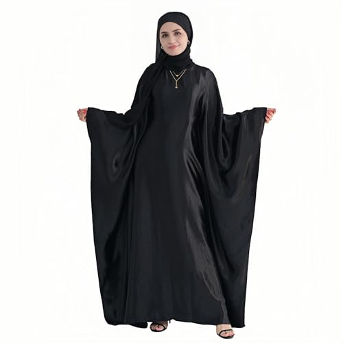 Abaya Muslim Women Dress Satin Batwing Sleeve Kaftan Maxi Arabian Dubai Islamic Ramadan Prayer Dress with Hijab Scarf - color: Black