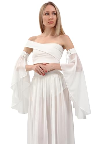 DAZCOS Victorian Long Tulle Sleeves for Women Chiffon Detachable Gloves for Wedding Dress Halloween Party Pageant - color: White-01