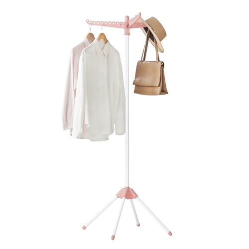 SONGMICS 의류 건조대, 149.9cm(59인치) 접이식 세탁 건조대, 행거용 회전 가능한 팔 3개, 다리 4개, 스테인리스 스틸, 옷 27피스용, 핑크 및 화이트 ULLR510P01 - color: 핑크 + 화이트., style: 1단