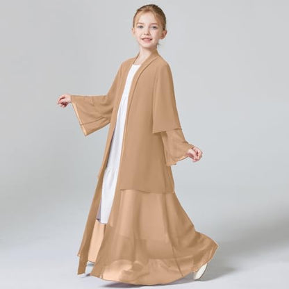 Kids Abaya Dress for Girls Muslim Dress with Hijab Chiffon Layered Open Front Cardigan Ramadan Eid Kaftans Dubai Outfit - color: Khaki, size: 11-12 Years
