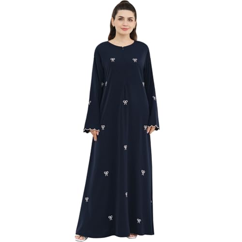 Abaya Dress for Muslim Women Bow Front Zipper Side Pockets Ramadan Eid Robe - color: Navy, size: Medium