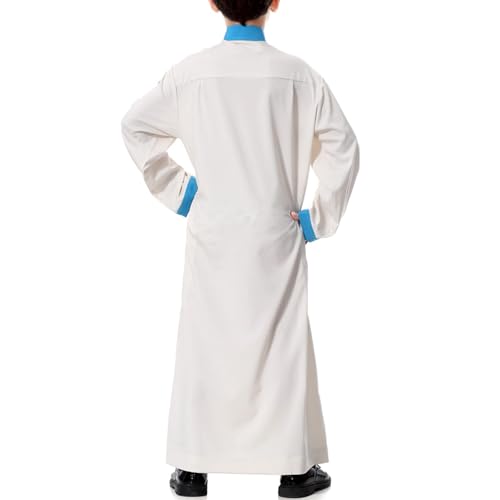 Arabic Thobe for Muslim Boys Eid Outfit Long Sleeve Kaftan Kids Prayer Dress Boys Muslim Thobe Ramadan Islamic Clothing - color: Beige, size: 5-6X