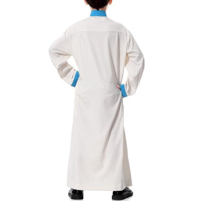 Arabic Thobe for Muslim Boys Eid Outfit Long Sleeve Kaftan Kids Prayer Dress Boys Muslim Thobe Ramadan Islamic Clothing - color: Beige, size: 5-6X