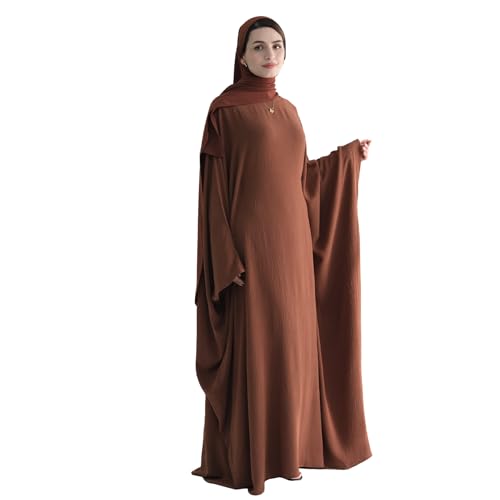 Abaya Muslim Women Dress Batwing Sleeve Loose Maxi Modest Islamic Clothes Prayer Dress with Hijab Scarf - color: Brown