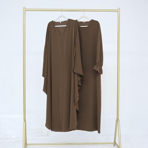 2PCS Women's Muslim Abaya Dress Lace Cuffs Islamic Dubai Prayer Robe Smooth Flowy Muslim Women Clothes - color: Coffee, size: Medium