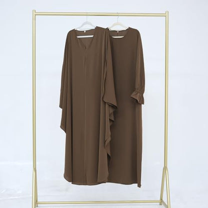 2PCS Women's Muslim Abaya Dress Lace Cuffs Islamic Dubai Prayer Robe Smooth Flowy Muslim Women Clothes - color: Coffee, size: Medium