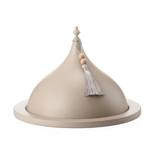 Qinyoung Decorative Ramadan Dates Cover, 12 Inch Taupe Metal Serving Dome Cloche Cover with Silver Tassel for Dates, Eid Serving Platter, Elegant Iftar and Suhoor Table Centerpiece - size: 12 Inch, style: Classic