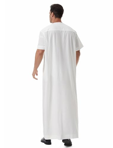 Muslim Men Abaya Short Sleeve Kaftan Islamic Arab Robe Men Dishdasha Zipper Robe Ethnic Clothes Dubai Travel Thobe - color: White, size: X-Large