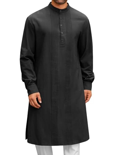 Runcati Mens Kaftan Robe Button Down Long Sleeve Cotton Linen Thobe Casual Muslim Gown Henley Shirt - color: Black, size: XX-Large