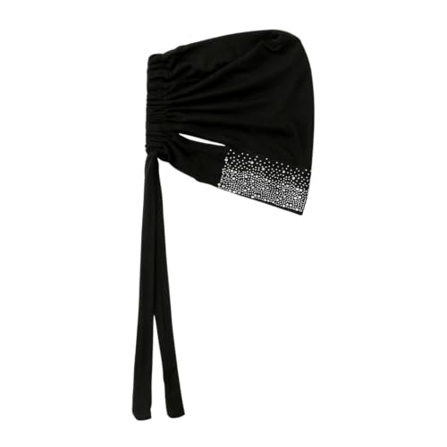 Muslim Hijab Undercap Rhinestone Embellished Turban Head Wrap for Women Jersey Inner Cap with Ear Holes - color: Black