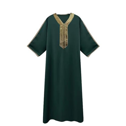 RTTUIOP Men's Muslim Clothes Lace Sleeves V-Neck Thobe Middle East Kaftan Saudi Arab Caftans Islamic Abaya Dress - color: 01-dark Green, size: Small