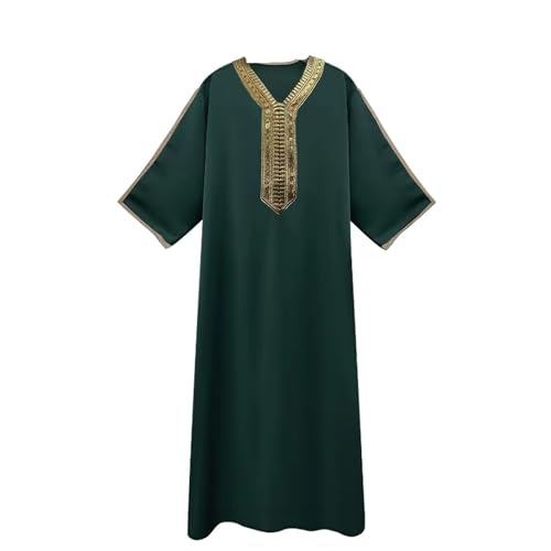RTTUIOP Men's Muslim Clothes Lace Sleeves V-Neck Thobe Middle East Kaftan Saudi Arab Caftans Islamic Abaya Dress - color: 01-dark Green, size: Large