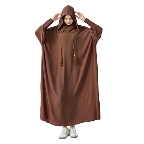 Abaya Muslim Dress Women Prayer Dress Long Sleeve Hooded Loose Maxi Dress Arabian Dubai Islamic Clothes - color: Brown