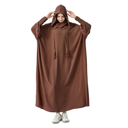 Abaya Muslim Dress Women Prayer Dress Long Sleeve Hooded Loose Maxi Dress Arabian Dubai Islamic Clothes - color: Brown