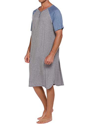 Ekouaer Sleepwear Men's Nightshirt Short Sleeve Pajamas Comfy Big & Tall Henley Sleep Shirt M-XXXL - color: Grey With Light Blue, size: XX-Large