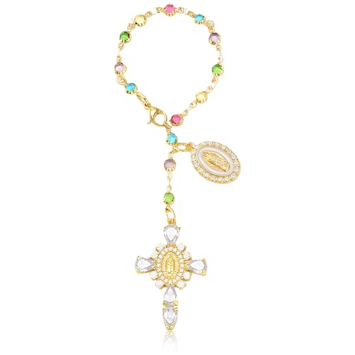 Virgen De Guadalupe Car Charm - Steering Wheel Accessory & Rearview Mirror Hanging, Cross Pendant Automotive Protection Decor - color: Gold-white