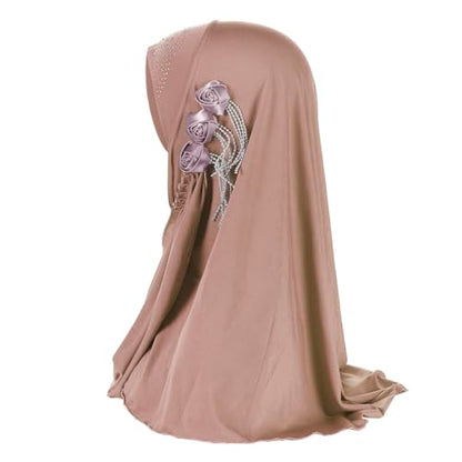 Women Soft One Piece Hijab Long Muslim Turban Islamic Full Head Scarf - color: 3 Flowers/Pink