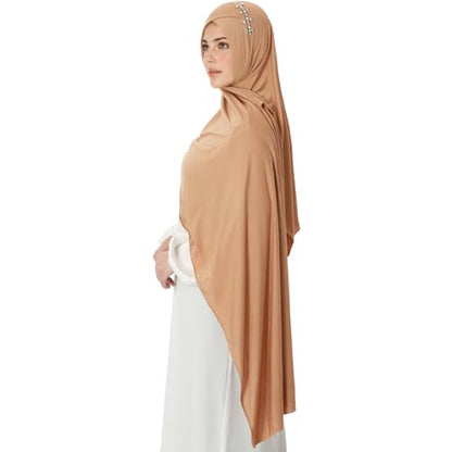 khalat Instant Hijab 여성용 무슬림 샤이니 라인스톤 데일리 스카프 부드럽고 신축성 있는 단색 이슬람 기도 히잡 - color: 카키