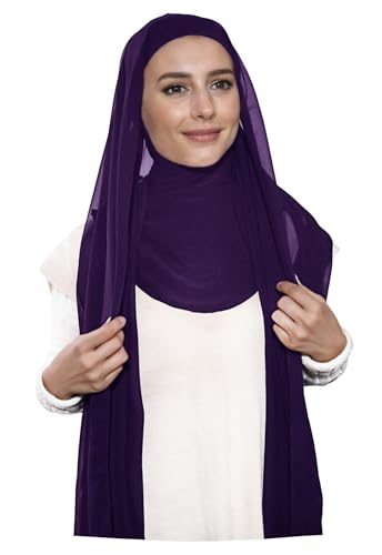 Lina & Lily Premium Chiffon Ninja Instant Hijab Scarf Stitched Jersey Cap Neck Cover Full Coverage - color: Dark Purple