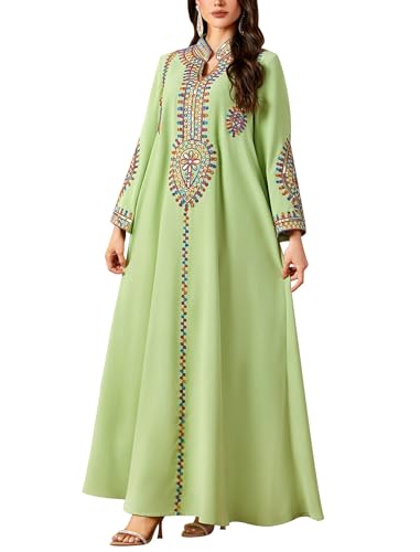 ABEWIP Muslim Dresses for Women Ramadan Kimono Long Sleeve Embroidered Islamic Prayer Dress Turkey Dubai Eid Abaya Kaftan - color: Green, size: Medium