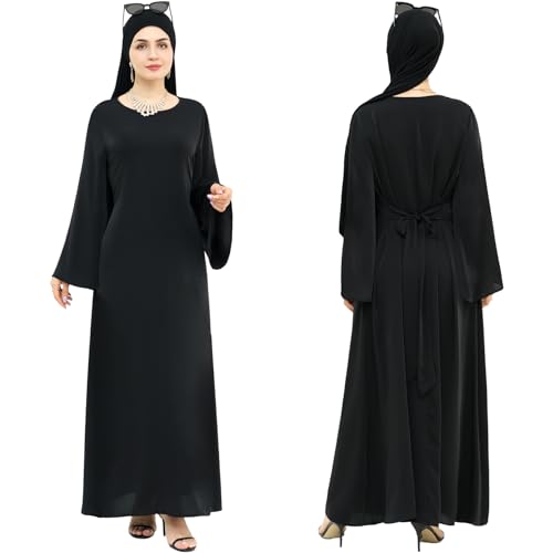khalat Muslim Abaya Dress Women Solid Color Modest Prayer Robe Islamic Dubai Long Sleeve Lightweight Maxi Dress - color: Black, size: Medium