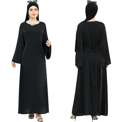 khalat Muslim Abaya Dress Women Solid Color Modest Prayer Robe Islamic Dubai Long Sleeve Lightweight Maxi Dress - color: Black, size: Large