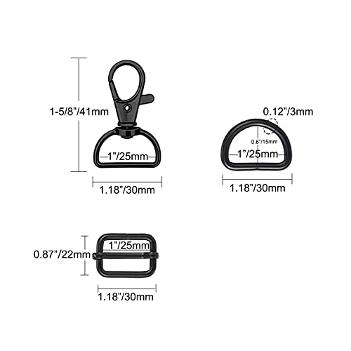WAFJAMF Metal Snap Hook Ring Bulk 30 Pcs, Swivel Clasp Buckle and Non-Welded D Ring 10 Pcs, Adjustable Rectangular Buckle (1' Inside Width Black) - color: Black, size: 1” Inside Width