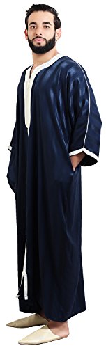 Moroccan Men Dress Caftan Handmade With Embroidery Tread Long Sleeve Navy