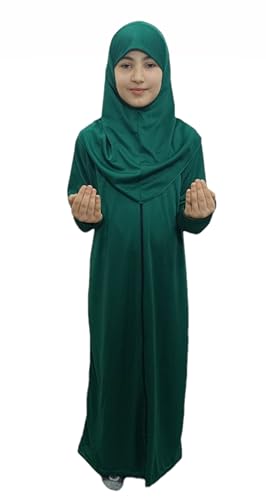 Abaya for little girls sleeved Prayer Dress &Hijab One-piece prayer dress with hijab muslim girls jilbab Abaya. - color: Green, size: 2