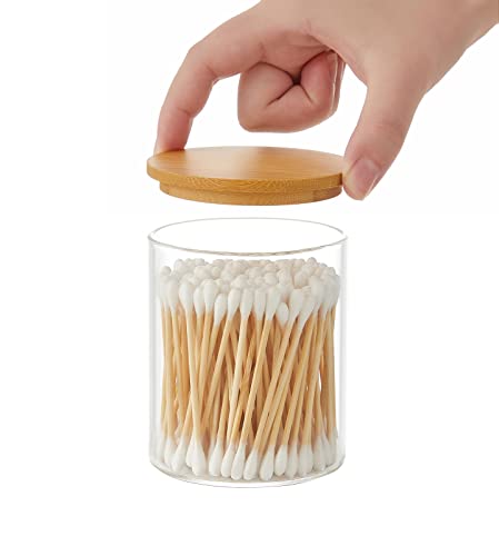 INIUNIK 6 Pack Glass Qtip Holder Dispenser with Bamboo Lid Apothecary Jars Cotton Ball Swab Holder Dispenser Bathroom Vanity Canisters Jars for Countertop Storage and Organization - size: 6 Pack