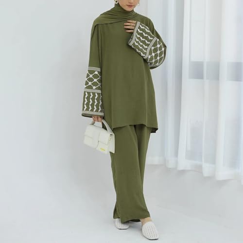 2 Piece Muslim Outfits for Women Palestine Embroidery Abayas Long Sleeve Loose Top Pants Islamic Dubai Prayer Clothes - color: Army Green, size: Large