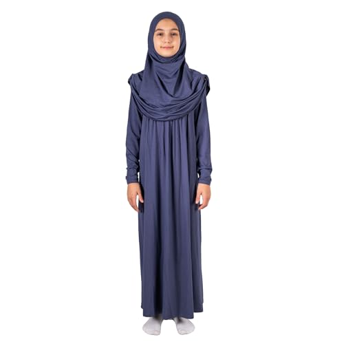 ihvan online Muslim Dress for Girls, Long Sleeve One-Piece Islamic Prayer Dress, Hijab for Kids, Girls Abaya, Islamic Gifts - color: Navy Blue