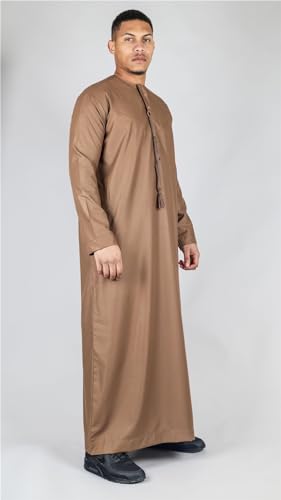 Men's Thobe Emirati Omani Jubba Islamic Clothing Muslim Kaftan Eid Robe Arab String Tassel - color: Bronze Regular, size: 58