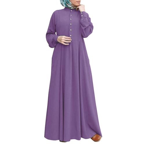 Dress for Women Muslim Long Sleeve Button Down Dress Shirt Prayer Casual Clothes Summer Fashion Outfits - color: Purple, size: Medium