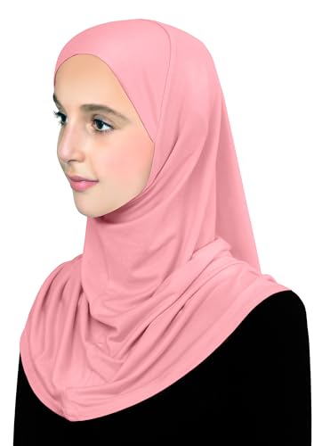 Cotton Hijab for Girls Amira Muslim Kids Head Scarf Ready to Wear Easy Instant - color: Medium - Rose Pink, size: Large