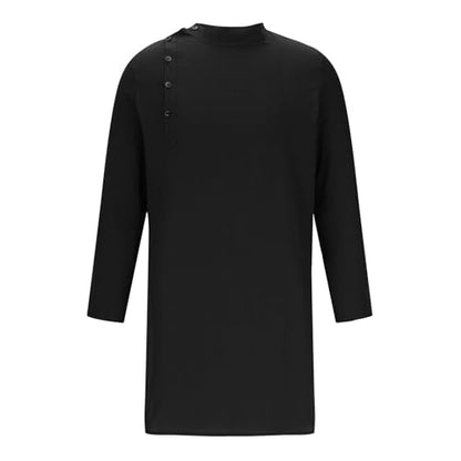 Mens Kaftan Thobe Long Sleeve Stand Collar Side Button Robe Gown Casual Loose Split Cotton Linen Muslim Shirts Top - color: Black, size: 3X-Large