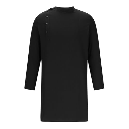 Mens Kaftan Thobe Long Sleeve Stand Collar Side Button Robe Gown Casual Loose Split Cotton Linen Muslim Shirts Top - color: Black, size: Large