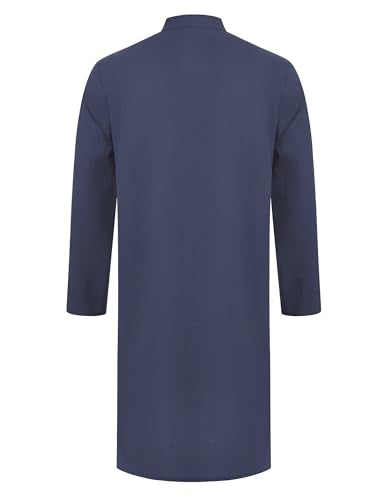 IWEMEK Men Kaftan Robe Button Up Muslim Thobe Long Sleeve Eid Ramadan Abaya Henley Shirts Casual Dubai Islamic Prayer Clothes - color: Navy Blue, size: XX-Large