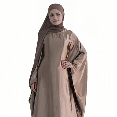 Abaya Muslim Women Dress Satin Batwing Sleeve Kaftan Maxi Arabian Dubai Islamic Ramadan Prayer Dress with Hijab Scarf - color: Brown