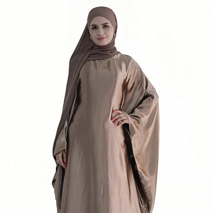 Abaya Muslim Women Dress Satin Batwing Sleeve Kaftan Maxi Arabian Dubai Islamic Ramadan Prayer Dress with Hijab Scarf - color: Brown