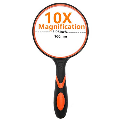 Magnifying Glass 10X Handheld Reading Magnifier with Cleaning Cloth-100MM 4INCHES Large Magnifying Lens with Non-Slip Soft Handle for Seniors Book Newspaper Reading and Kids Nature Hobby Exploration