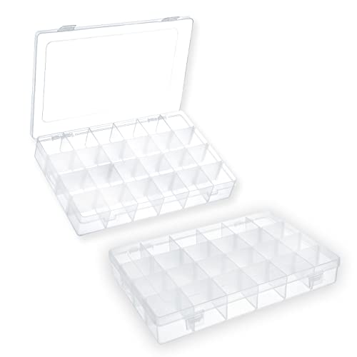 2 Pack 24 Grids Plastic Small Crafts Storage Boxes with Adjustable Dividers (10.5" × 6.7" x 1.57")