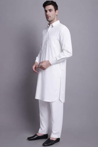 Maple Clothing Punjabi Kurta Pajama Set Mens Pathani Cotton Indian Clothes Bollywood Outfit - color: White, size: X-Large