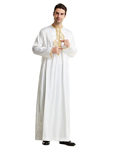 Islamic Mens Clothing Kaftan Maxi-Muslim Male Shirt Long Sleeve Abaya Dubai Cotton… - color: White-e, size: Small