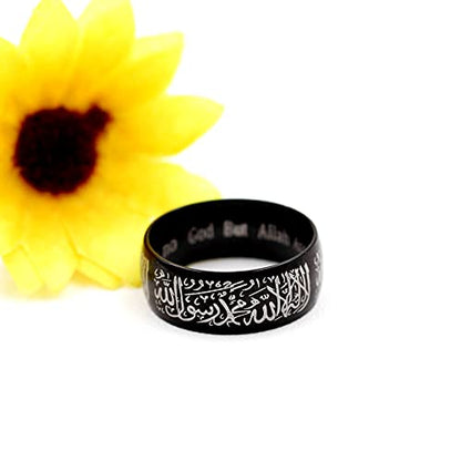Uloveido Muslim Mohammad Arabic Letter Shahada Rings Gold Color Stainless Steel 8mm Wide Band Religious Allah Rings for Men and Women Y543 - color: Black