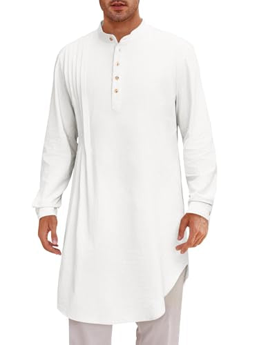 Runcati Mens Kaftan Thobe Cotton Linen Henley Shirt Long Sleeve Robe Casual Muslim Gown Kurta - color: White, size: X-Large