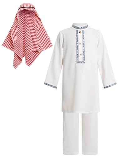 IDOPIP Muslim Baby Boys Prayer Clothes Kaftan Thobe Arabic Islamic Abaya Dubai Robe with Pants Head Scarf Ramadan Eid Outfit - color: White + Shemagh, size: 18-24 Months